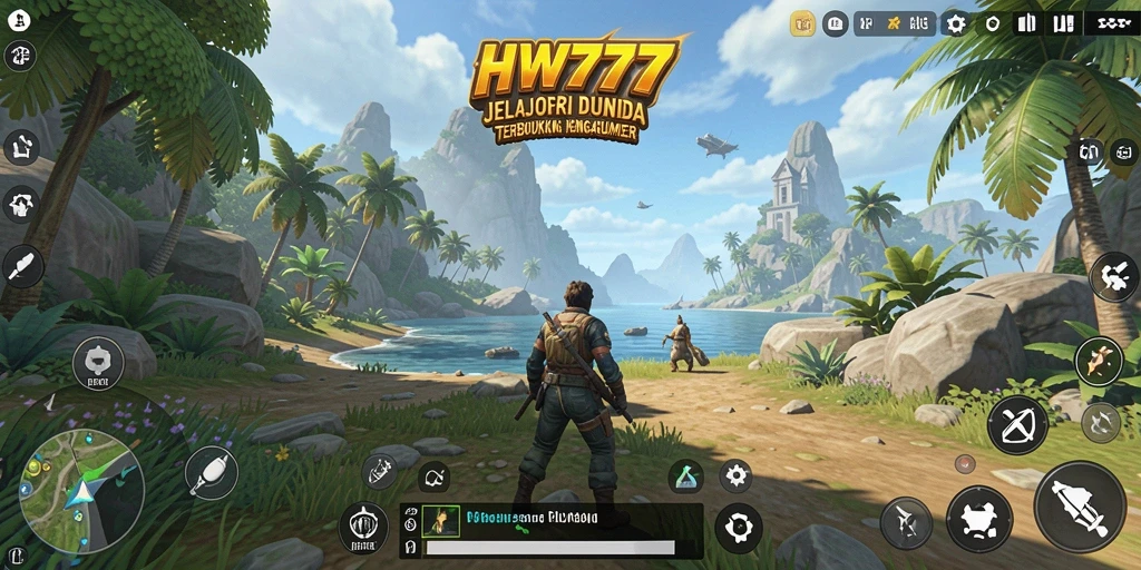 Screenshot gameplay HW777 yang menunjukkan petualangan di dunia terbuka.