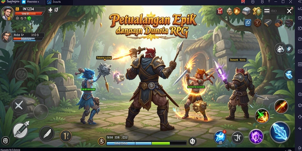 Tangkapan layar utama IN1234 menampilkan pertempuran epik di dunia RPG.