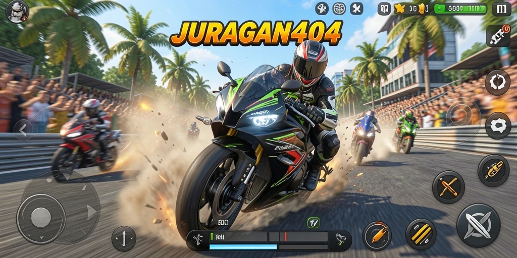 Tampilan gameplay JURAGAN404 dengan balapan motor yang seru.