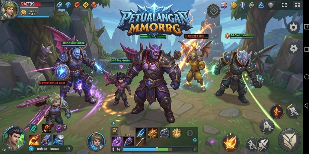 Tangkapan layar gameplay KM789 menunjukkan pertempuran seru di dunia MMORPG.