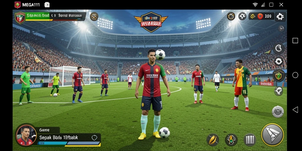 Screenshot utama MEGA111 menampilkan aksi intens di lapangan sepak bola.