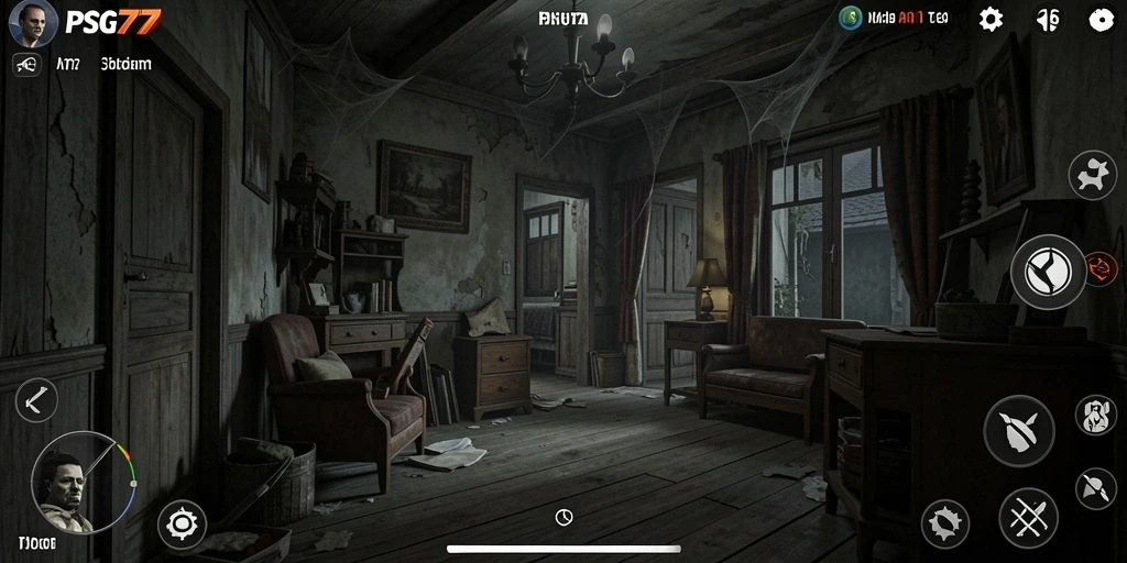 Screenshot utama PSG77 menampilkan suasana menyeramkan dan gameplay yang mencekam.