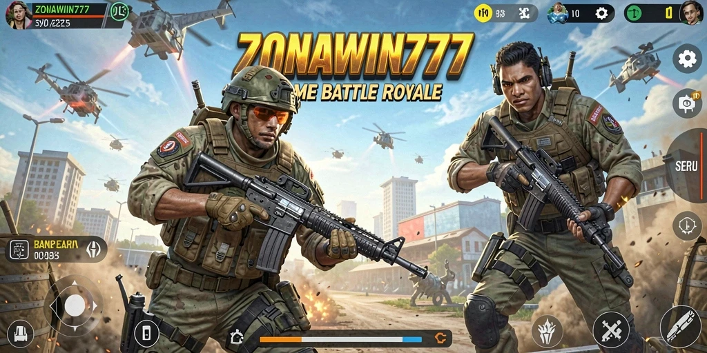 Screenshot gameplay ZONAWIN777 menunjukkan aksi menegangkan dalam pertempuran Battle Royale.